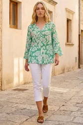 Floral Print Flare Sleeve Blouse - Green - Size: 10