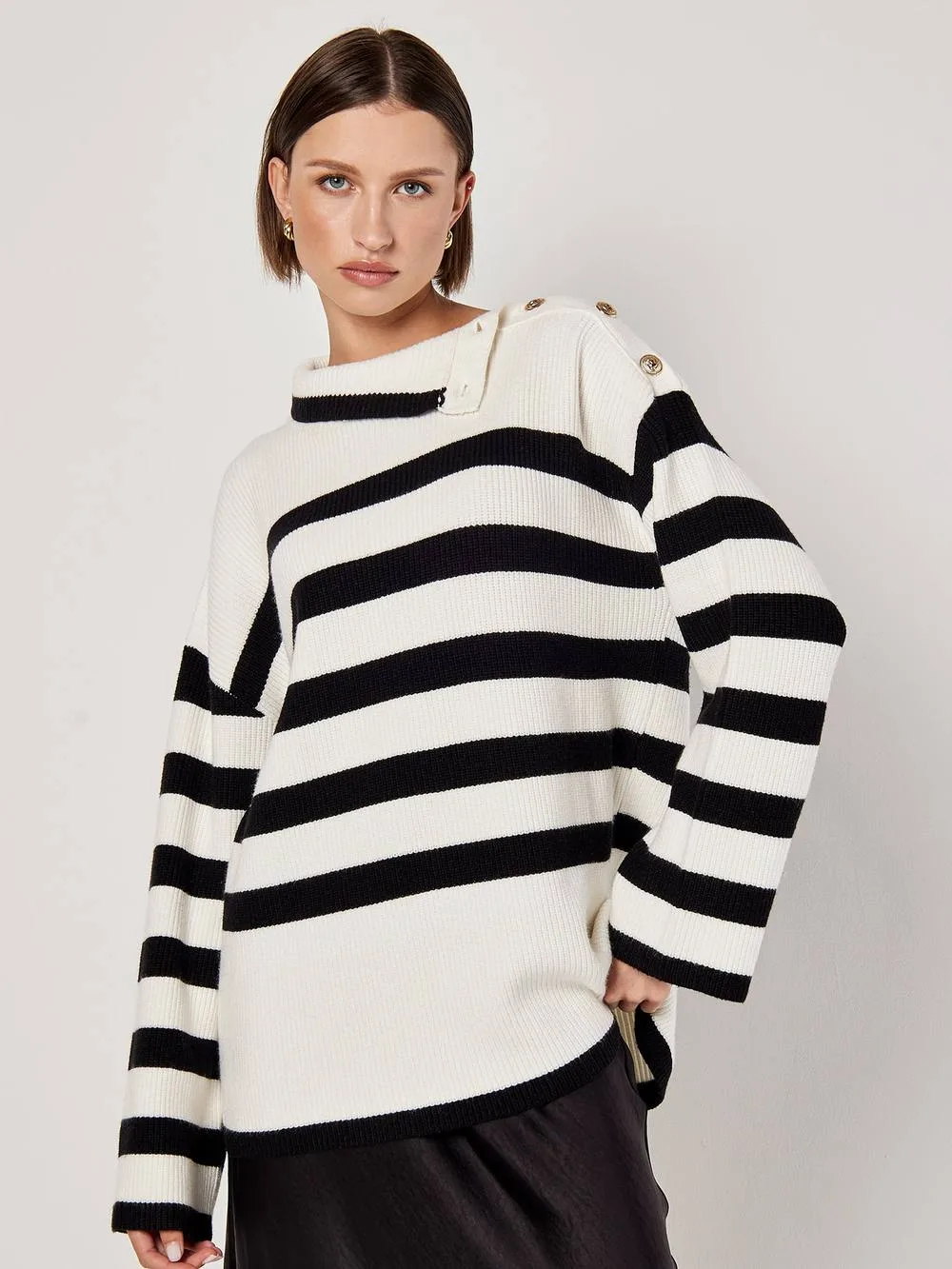 Button Detail Stripe Jumper - Black - Size: 10 - Apricot - FashionsVida