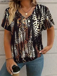 Women's Summer Casual Elegant V-Neck Short Sleeve Irregular Leopard Print Loose Fit Men's T-Shirt
