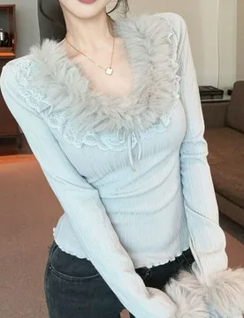 Elegant Sweet Furry Patchwork U-Neck Slim Fit Top Autumn Winter New Base Shirt Inner Wear for Women - Aliexpress - FashionsVida
