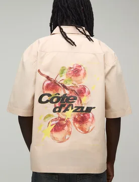 Mens Oversized Half Sleeve Apple Print Shirt - Natural - boohooMAN - FashionsVida