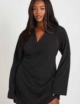 Womens Plus Woven Wrap Drape Detail Mini Dress - Black - Size 20 Uk - Boohoo - FashionsVida