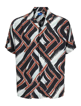 Camicia a mezze maniche relaxed-fit in viscosa a fantasia astratta bianca nera e mattone - Jack & jones - FashionsVida
