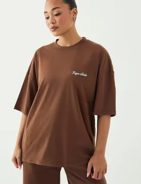 Womens Script Embroidered Oversized T-Shirt - Mocha Cotton - Size Large - DSGN Studio - FashionsVida