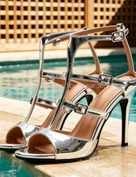 Silver T-Tied Multi Buckle Cage Thin Heel Sandals Women Solid Ankle Strap Cutout High Heels Fashion Trendy Lady Shoes New Style - Aliexpress - FashionsVida