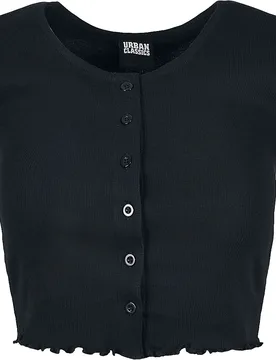 T-Shirt - Ladies Cropped Button Up Rib Tee - XS - für Damen - Größe XS - schwarz - Frauen - female - Urban classics - FashionsVida