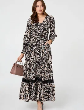 Women's Floral Lace Trim Long Sleeve Maxi Dress Size: 10 - Multicolor - Size: 10 - Izabel London - FashionsVida
