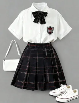 Regreso a Clases] 2 piezas Conjunto de Estilo Academia Dulce y Fresco para Niñas, Camisa Blanca con Botones Delanteros, Insignia y Lazo a Cuadros de - Shein - FashionsVida