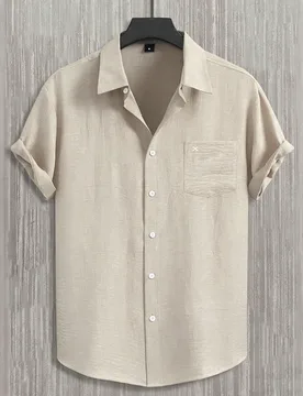Camisa casual de manga corta con bolsillo y abotonadura sencilla de unicolor para hombre, vacaciones - Shein - FashionsVida