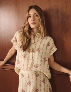 Camisa de mujer manga corta de lino con print de flores y rayas - Lloyd's - FashionsVida