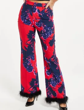 Floral Print Tailored Trousers Fluffy - Red - Size: 10 - Liquorish - FashionsVida