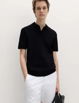 Cotton Rich Slim Fit Knitted Polo Shirt Black male - M&S - FashionsVida