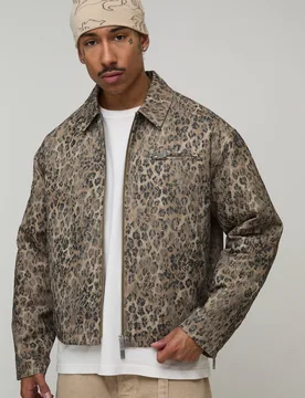 Herren Kastige Leoparden-Spitzen-Harrington-Jacke Brown Größe Large - boohooMAN - FashionsVida