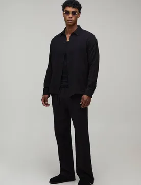 Men's Cheesecloth Oversized Long Sleeve Shirt & Baggy Trouser Set Black Size Large Black L - boohooMAN - FashionsVida