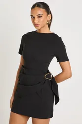 Womens Belted Wrap Trim Detail Shift Dress - Black - Size 14 Uk