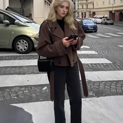 Autumn/Winter New Solid Color Warm Personalized Strap Long Sleeve Woolen Short Coat for Women