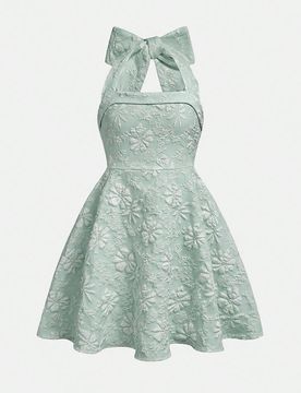 Vestido elegante de halter con lazo y jacquard verde para niña preadolescente