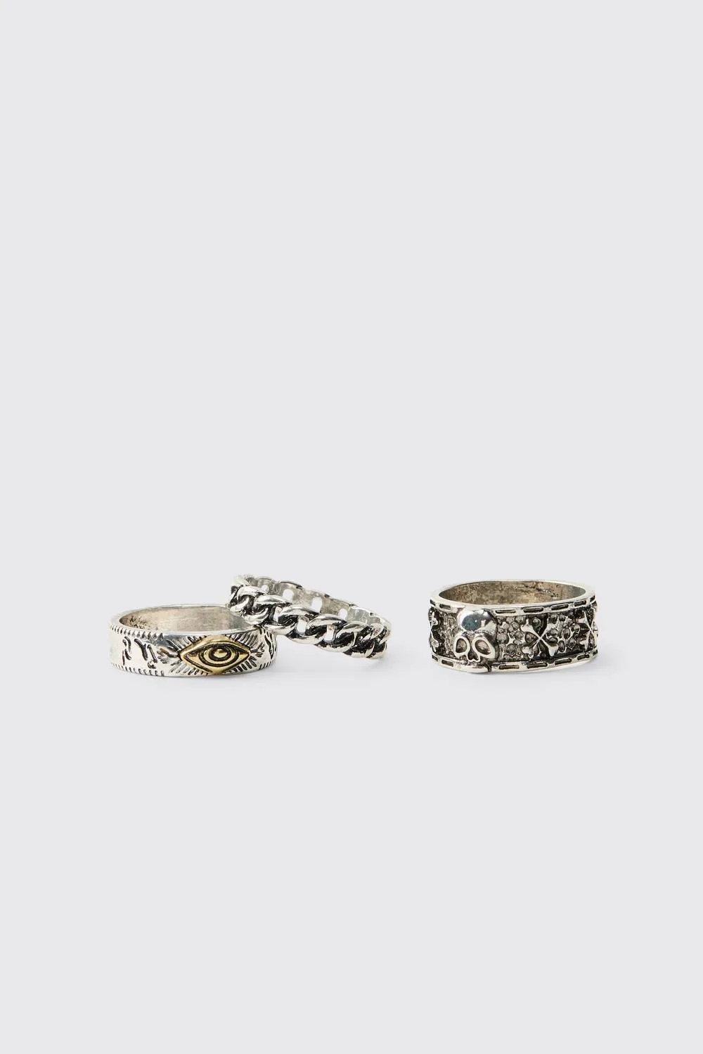 Herren 3er-Pack Silberfarbene Gothic-Ringe Silver Größe Small/Medium - boohooMAN - FashionsVida
