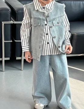 Conjunto casual para niño: chaleco vaquero de solapa única, camisa de manga larga a rayas y pantalones vaqueros de pierna ancha, otoño - Shein - FashionsVida