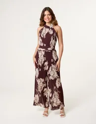Pleated Halterneck Jumpsuit - M / CHOCOLATE - female