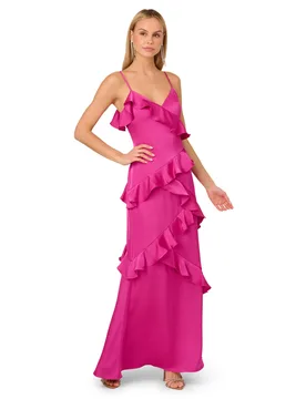 Womens Stretch Satin Long Dress - Pink - Size 10 Uk - Adrianna Papell - FashionsVida