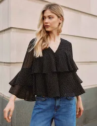 Chiffon Polka Dot Ruffle Top Black Mix female