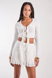 Long Sleeve Slinky Ruffle Top - Ivory - Size: M