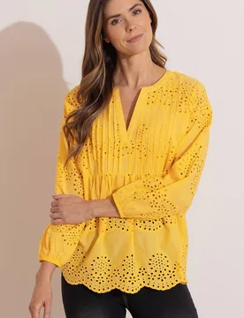 Women's Embroidered Eyelet Cotton Top in Yellow Size: 14 - Yellow - Size: 14 - Klass. - FashionsVida