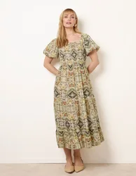 Abstract Print Puff Sleeve Midi Dress - M / GREEN PATTERN - female