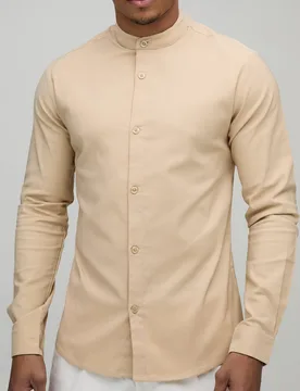 Herren Slim Fit Grandad-Kragen Baumwollhemd Neutral Größe XL - boohooMAN - FashionsVida