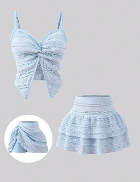 Conjunto de 2 piezas de top de tirantes finos y falda mini acampanada elegante para niñas en verano