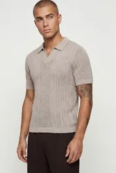 Mens Boxy Fit Cotton Blend Knitted Polo - Taupe - Size Large