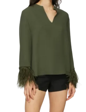 Valentino Khaki Silk Blouse with Feather Trim - Valentino Garavani - FashionsVida