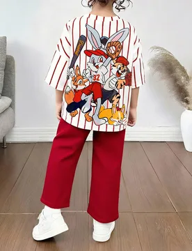 Conjunto de camiseta y pantalones para niña joven, holgado, casual, minimalista, cómodo, con cuello redondo y estampado gráfico de dibujos animados - Shein - FashionsVida