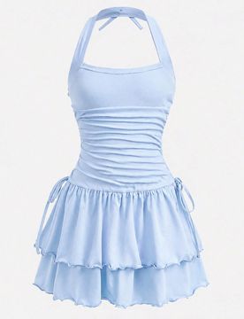 Vestidos para niñas preadolescentes de verano, vestido de punto con cuello halter, cintura fruncida y bajo con volantes escalonados, adecuado para us