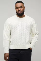 Herren Plus Basic Kastiger Zopfmuster-Strickpullover Ecru Größe 2XL