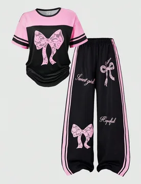 Conjunto de 2 piezas para adolescentes, top casual de moda urbana con cuello redondo, patchwork rosa, patrón de lazo negro, hombros caídos, manga co - Shein - FashionsVida
