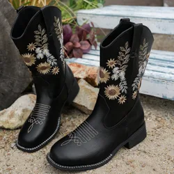 Botas de tobillo con bordado para mujer, botas de tacón grueso vintage, nuevas botas cortas de primavera y otoño, botas de estilo occidental de cañ