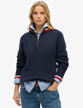 Superdry Damen Pullover mit Halbem Reißverschluss und Streifen Marineblau - Größe: 42 - 89.99 - FashionsVida