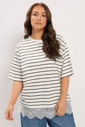 Stripe Lace Hem T-Shirt - Ivory - Size: 26-28