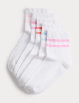 Pack Quarter-Length Ankle Stripe Socks (6 Small-7 Large) White Mix female - M&S - FashionsVida