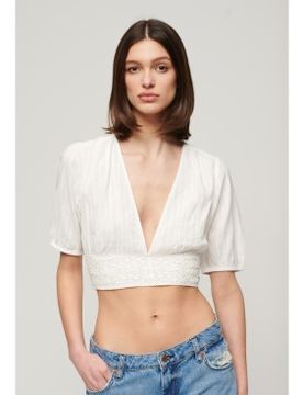 Para mujer. W6011858A Top con ribete de encaje de manga corta Ibiza (M), Casual, Algodón