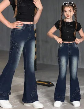 Jeans de mezclilla acampanados con acento de lazo, estilo vintage, para niña preadolescente - Shein - FashionsVida