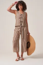Striped Tie Front Sleeveless Top - Brown - Size: 14