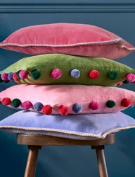 Pure Cotton Velvet Pom Pom Cushion Medium Green