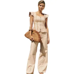 Pantalones rectos de mujer de algodón con estampado vichy