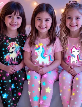 Set Aleatorio] Pijama para niñas jóvenes, nuevo estilo, estampado de unicornio de dibujos animados lindo que brilla en la oscuridad con linterna, te - Shein - FashionsVida
