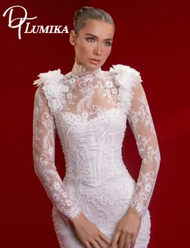 Exquisite Pearl Beaded Long Sleeve Bridal Gown Romantic High Neck Lace Mermaid Wedding Dress Customized Vestidos De Novia - Aliexpress - FashionsVida