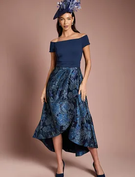 Women's Lisa Tan Stretch Bardot Jacquard Skirt Midi Dress in Navy Size: 8 - Navy - Size: 8 - Coast - FashionsVida