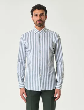 Camicia bianca a righe verdi salvia in tessuto tecnico active tailor fit - Xacus - FashionsVida